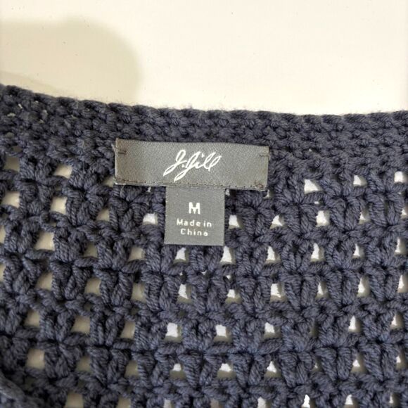 J Jill Gray Crochet Duster Cardigan Size Medium Cotton Button Front Open Weave - Picture 8 of 12